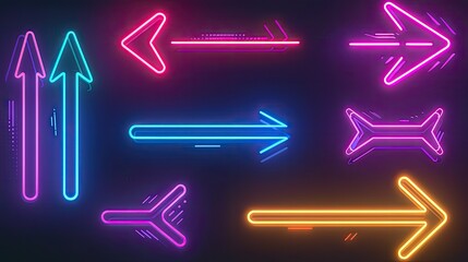 Set of glowing arrows with a neon light effect, pointing in various directions.