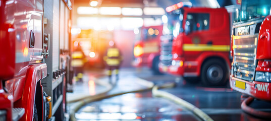 a  of a fire station garage with fire trucks parked inside, featuring a blurred background of firefighters preparing equipment, Interior, fire station, indoor, blurre