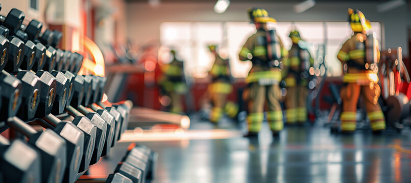 a  of a fire station's fitness room with workout equipment, capturing a blurred background of firefighters exercising and staying fit, Interior, fire station, indoor,