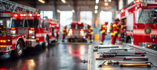 a  of a fire station's maintenance area with tools and equipment, featuring a blurred background of firefighters working on vehicles, Interior, fire station, indoor,