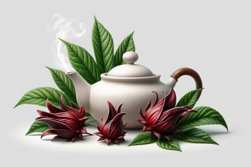 Teapot with roselle leaves Hibiscus tea