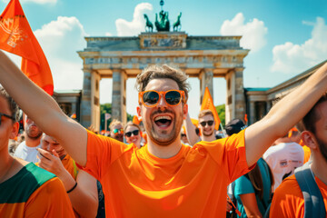 Dutch football soccer fans in downtown Berlin at the Brandenburg gate celebrate the national team, Oranje 
