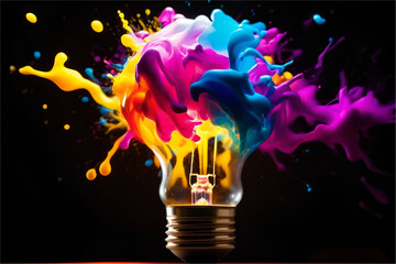 A single glowing light bulb with a metallic base and a vibrant, multicolored explosion of paint splattering around it on a black background