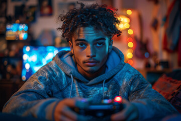 Obraz premium Young man sits in his dimly lit room, completely absorbed in a video game, holds a controller with precision, his eyes locked on the screen, demonstrating the intensity of the gaming experience