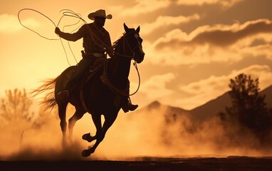 Silhouette of a cowboy on horseback at sunset