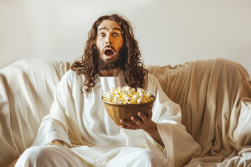 Long-haired man with a bowl of popcorn is shocked