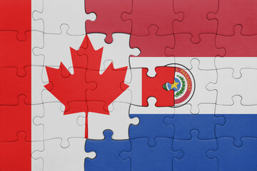 puzzle with the colourful national flag of paraguay and flag of canada.