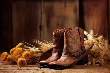Country music festival live concert or rodeo with cowboy hat and boots in barn background