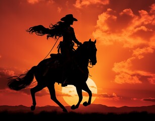 Girl cowboy on horseback at sunset