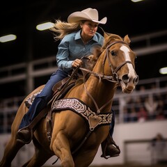 Cowgirl on horseback in the rodeo arena