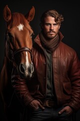 Portrait of a handsome young cowboy with a horse
