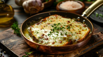 Fototapeta premium Grilled Sandwich with Melted Cheese in a Frying Copper Pan