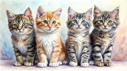 Pastel watercolor s of cats and kittens in various postures , cute, fluffy, feline, soft, playful, colorful, artistic, meow, whiskers, pets, animals, domestic, watercolor, pastel, gentle