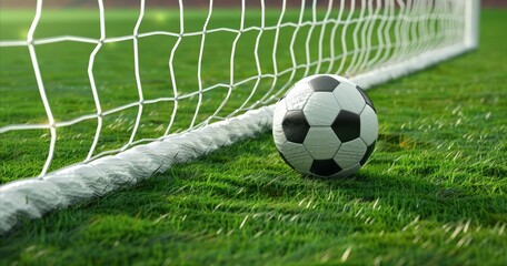 A soccer ball and a net on a soccer field