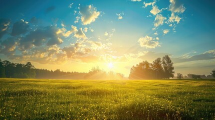 Obraz premium Sunrise over a summer field with pine trees