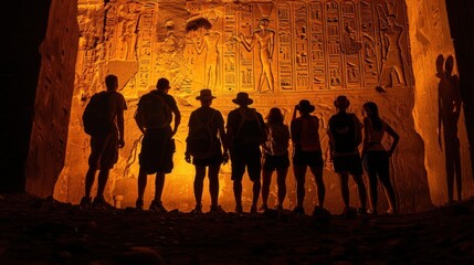 Group of archeologists standing in front of ancient relief wall