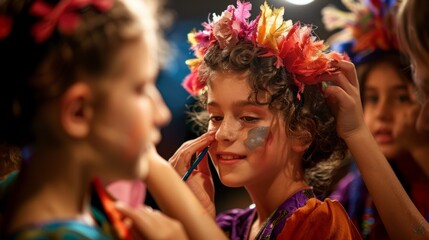 A candid photo of children backstage applying makeup and adjusting costumes before their theater performance