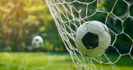 A soccer ball and a net on a soccer field