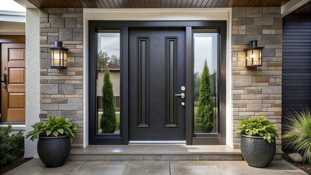 Sleek black fiberglass front door with modern design and side window panel, front door, fiberglass, modern, sleek, black, entryway, home, entrance, contemporary, residential, architecture