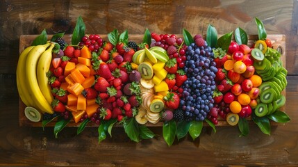 A vibrant fruit platter, featuring a variety of fruits, arranged neatly on a wooden table