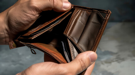 Person holding an open, empty brown leather wallet in a close-up shot