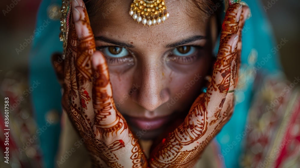 Wall mural A woman with intricate henna designs on her hands delicately applies more paste