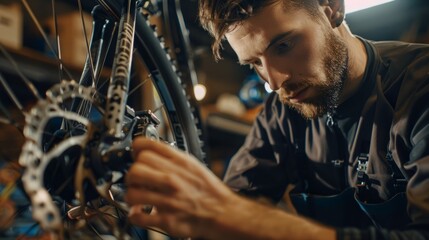A close-up photo of a skilled bicycle mechanic meticulously inspecting the gears of a mountain bike, ensuring optimal performance - Powered by Adobe