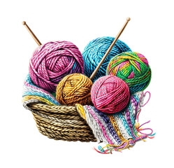 Colorful yarn balls in a woven basket with knitting needles and a partial knit project, perfect for cozy crafting inspiration.