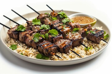 Fototapeta premium Flavorful Grilled Beef Skewers on Bed of Jasmine Rice