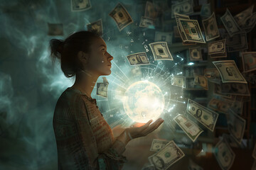 An image of a woman surrounded by floating material objects such as money, a car, and a house, symbolizing wealth and prosperity.