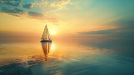 A single sailboat peacefully drifts on calm waters as the sun dips below the horizon, casting a...