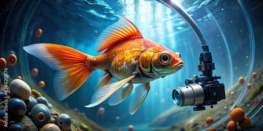 Wall mural Goldfish robot swimming in a virtual aquarium, goldfish, robot, swimming, virtual, aquarium, technology, futuristic, artificial intelligence, design, underwater, cute, fish, pet - Wall murals