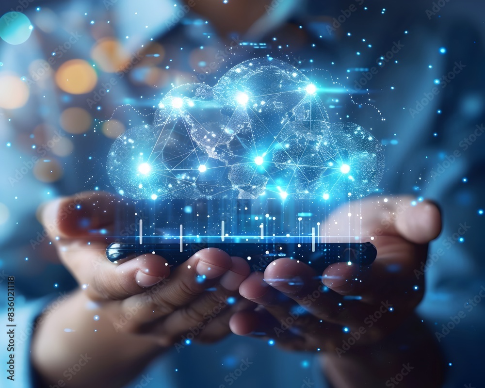 Poster mobile app developer deploying applications directly to cloud servers concept with futuristic digita