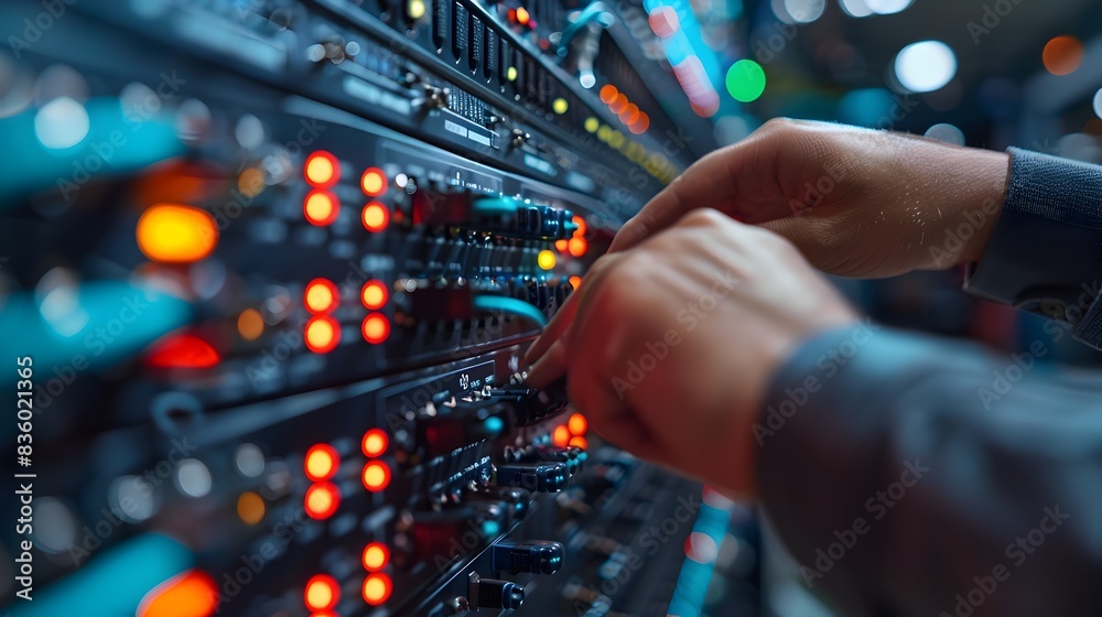 Poster network engineer configuring complex corporate firewall to secure data transfers in business technol