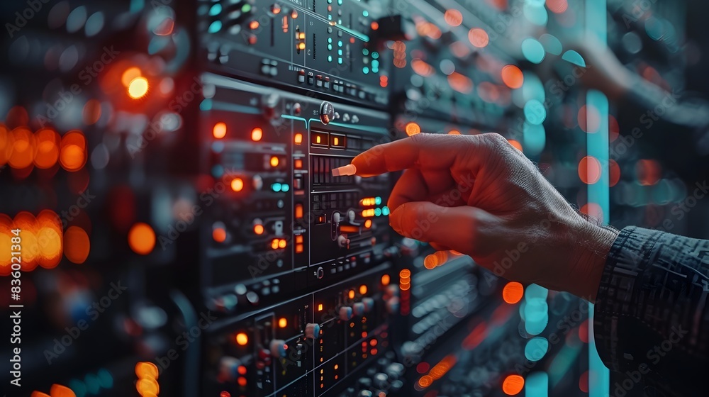 Poster network engineer configuring complex corporate firewall to secure data transfers in business