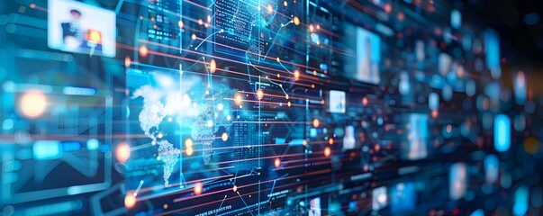 Obraz premium Multinational Company Launching New Product with Synchronized Global Webinar Technology Networking and Digital Communication in Business