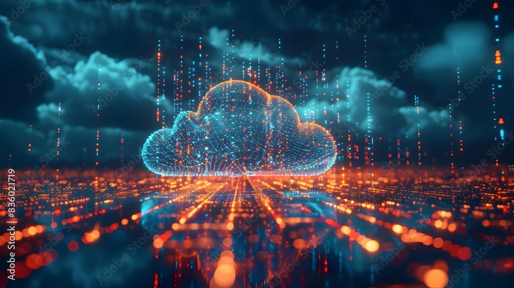Poster glowing data streams flowing into futuristic cloud computing concept