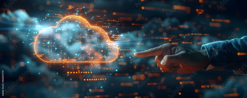 Poster futuristic cloud computing interface used by tech specialist with touchscreen display