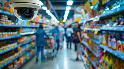 A surveillance camera capturing the aisle of a bustling supermarket with customers browsing shelves and carts filled 