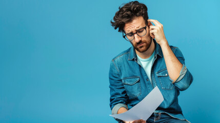 Confused young man wearing glasses examining a document against a bright blue background
