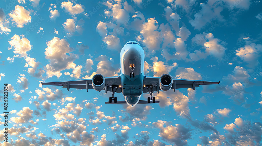 Wall mural A white airplane is flying through a cloudy sky - Wall murals