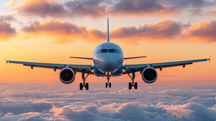 Obraz premium A large jet plane is flying through the sky with clouds below