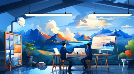 A team of professionals working together on a project timeline, coordinating tasks and deadlines for efficient execution. Painting Illustration style, Minimal and Simple,