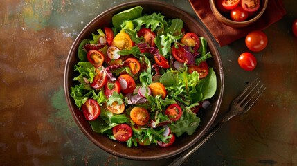 An overhead photo showcasing a bowl of mixed greens, ripe tomatoes, and other colorful vegetables, drizzled with dressing, ready to be enjoyed