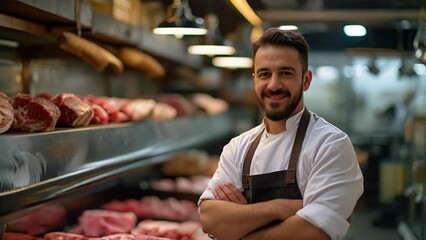 Confident Meat Maestro Showcasing Craft in Stylish Butcher Shop