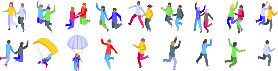Couple jump icons isometric set vector. A group of people are jumping and playing in the air. Some are holding umbrellas, while others are wearing jackets. The scene is lively and fun, with people of
