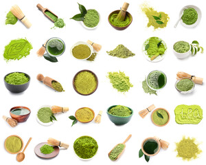 Naklejka premium Set of powdered matcha tea on white background