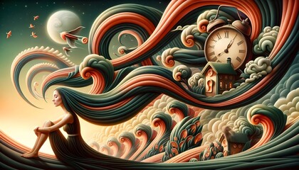 ilustración surrealista, mujer soñadora, fantasía, storybook, cuento, día de la madre, día de la amistad, día de la mujer, postal, tarjeta, presente, saludo, sueños, creativo, creatividad, imaginación