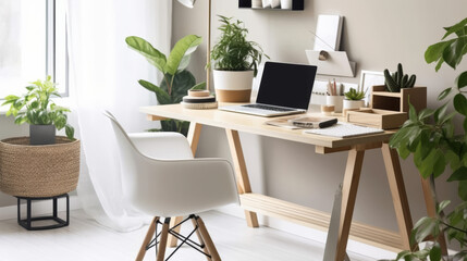 Fototapeta premium Home office setup with a sleek desk, indoor plants and laptop