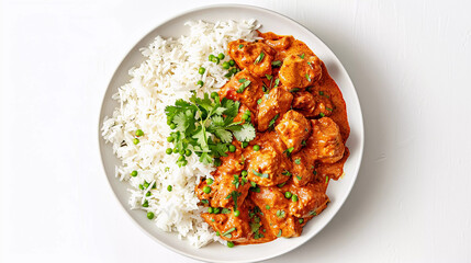 Top view of chicken tikka masala with rice in  plate isolated on white background
